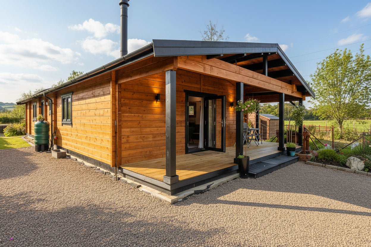Modern timber log cabin with covered porch, black trim, and outdoor seating in a rural setting