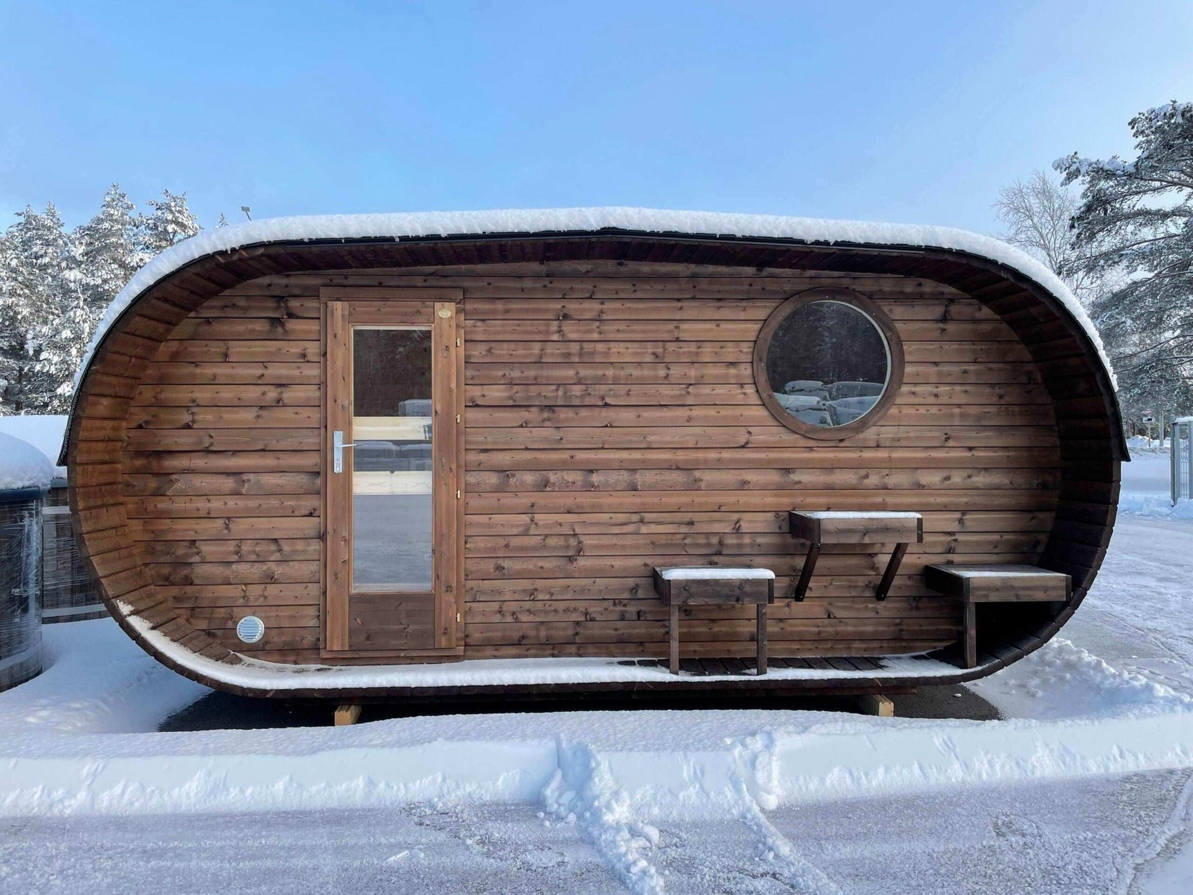 LOHJA Oval Sauna | 5.0x2.4m - Sauna Log Cabin - Timber Building Specialists
