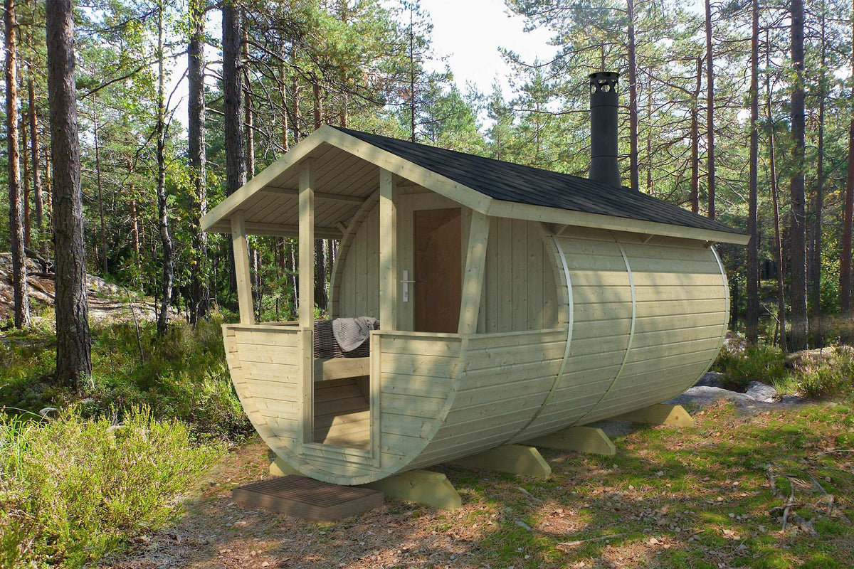 LAHTI Barrel Sauna + Roof | 4.0x2.0m - Sauna Log Cabin - Timber Building Specialists