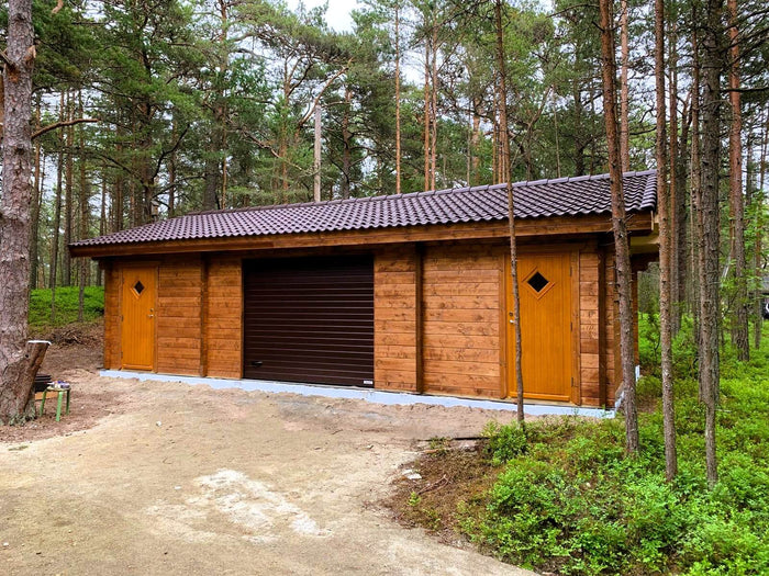 log cabin garage with shutter door