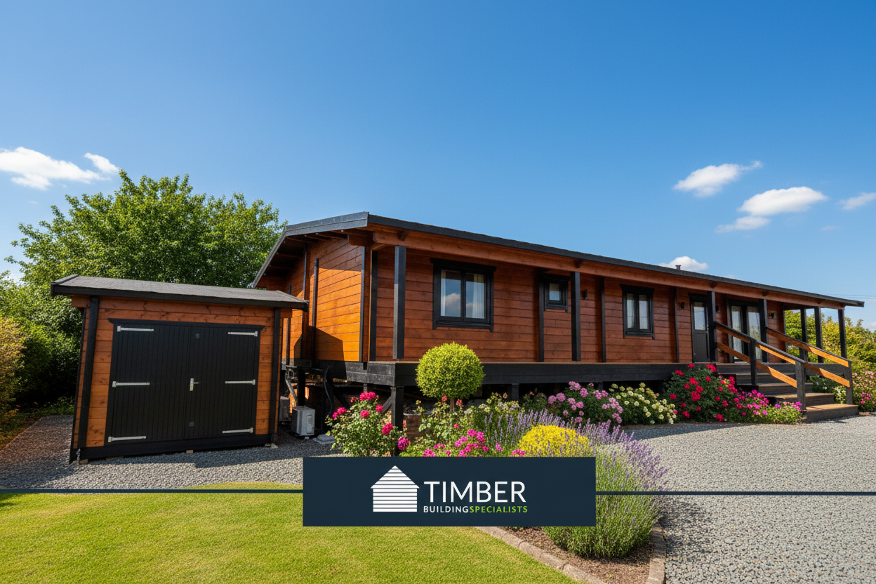 Modern timber log cabin with attached garage, landscaped garden, and clear blue sky