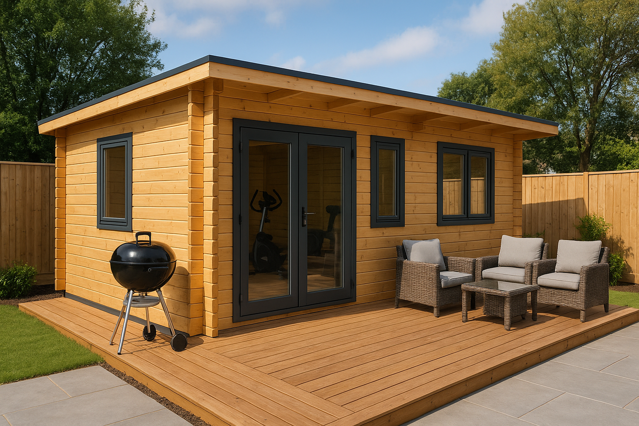 garden log cabin UK with decking, double glazed windows and doors
