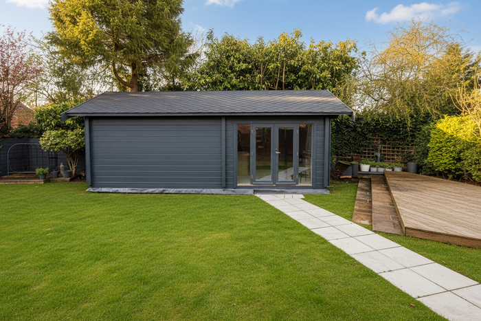 Professional golf simulator bay inside bespoke log cabin Sheffield with impact screen and turf

Modern garden shed with large windows on a grassy lawn with trees in the background