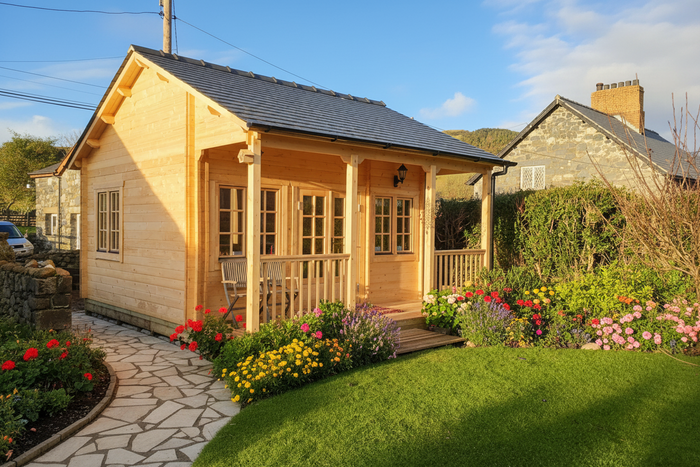 Wooden log cabin with front porch, surrounded by garden flowers and stone path in yard