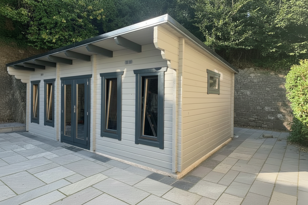 Modern log cabin with grey trim and flat roof set on a paved patio, surrounded by greenery.