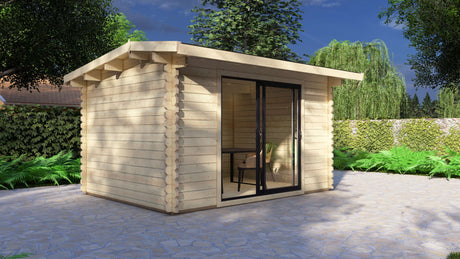 Bowland 4x3m modern log cabin with aluminium sliding doors and long ridge roof in UK garden. Wooden garden shed with a sliding glass door in a garden setting