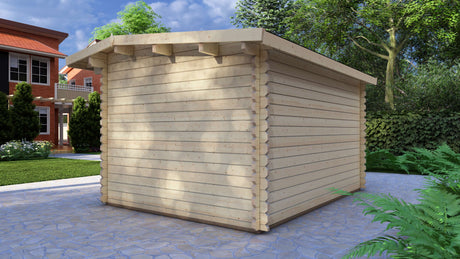 Light‑filled interior of Bowland 4x3m log cabin set up as a modern garden office, Wooden shed with a hexagonal design on a paved area with greenery and a house in the background.