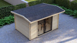 Wooden garden shed with a black roof on a paved area with greenery in the background, Bowland modern log cabin 4x3m used as a stylish UK garden studio with aluminium doors open to patio