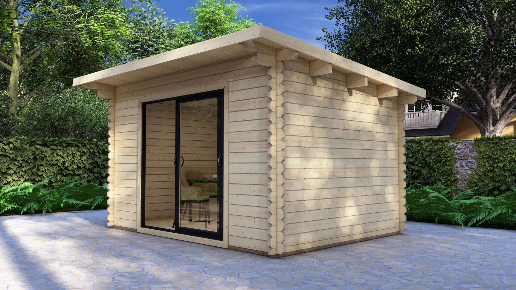 Slim aluminium sliding doors on Dean modern log cabin showing wide glass frontage. Wooden cabin with a sliding glass door in a garden setting