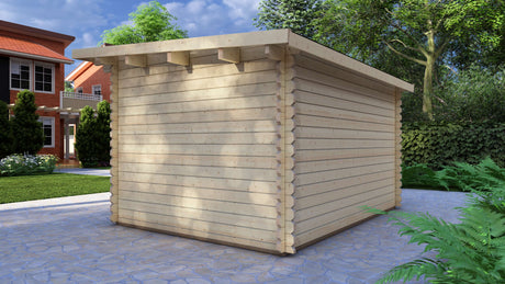 Pent roof and interlocking timber logs on Dean 4x3m modern garden cabin. Wooden shed on a paved area with a house and trees in the background