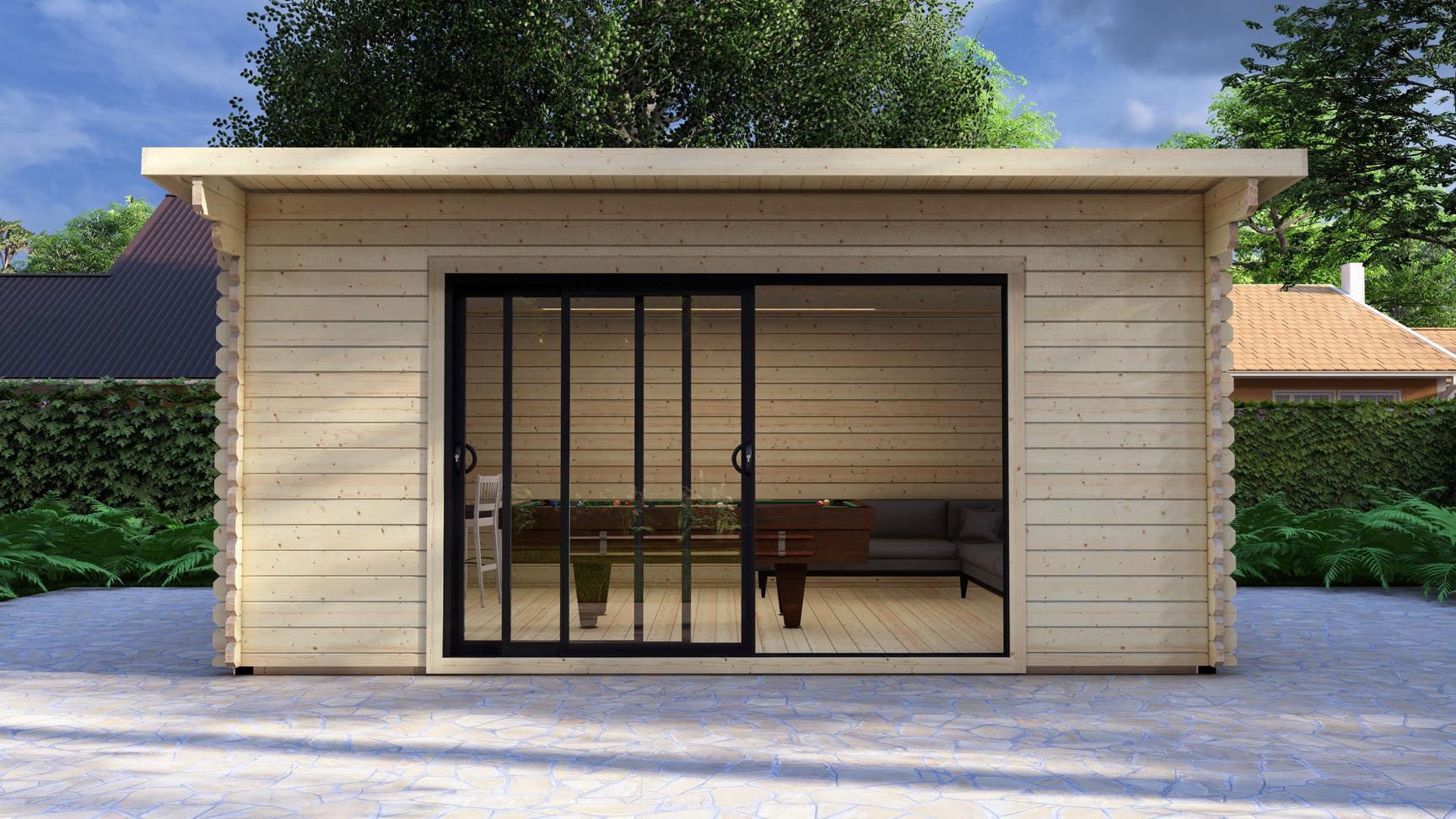 Slim aluminium sliding doors on Galloway modern log cabin showing wide glass frontage. Wooden cabin with a glass door in a garden setting