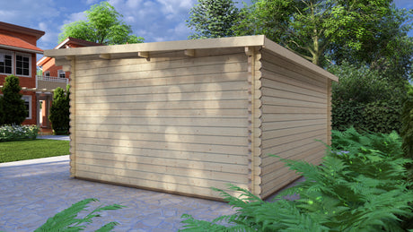 pent roof and interlocking timber logs on Galloway 5.0 x 4.0m garden cabin. Wooden shed in a garden setting with trees and a house in the background