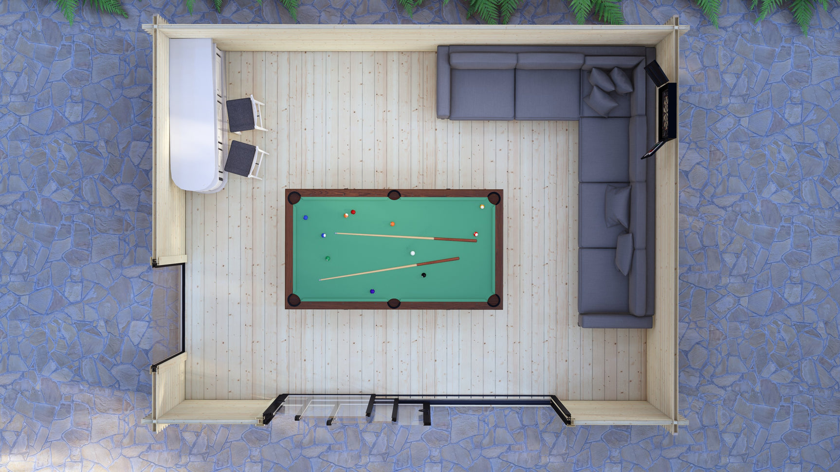 Light‑filled interior of Galloway 5.0 x 4.0m log cabin used as a garden office and lounge area. Top-down view of a room with a pool table and gray sectional sofa.