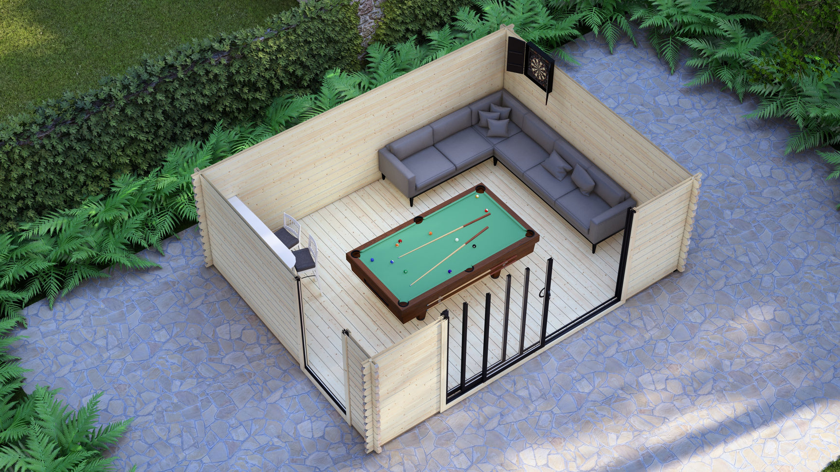Galloway 5.0 x 4.0m modern log cabin styled as a contemporary UK garden studio with aluminium doors open. Outdoor patio with a pool table and sectional sofa surrounded by greenery