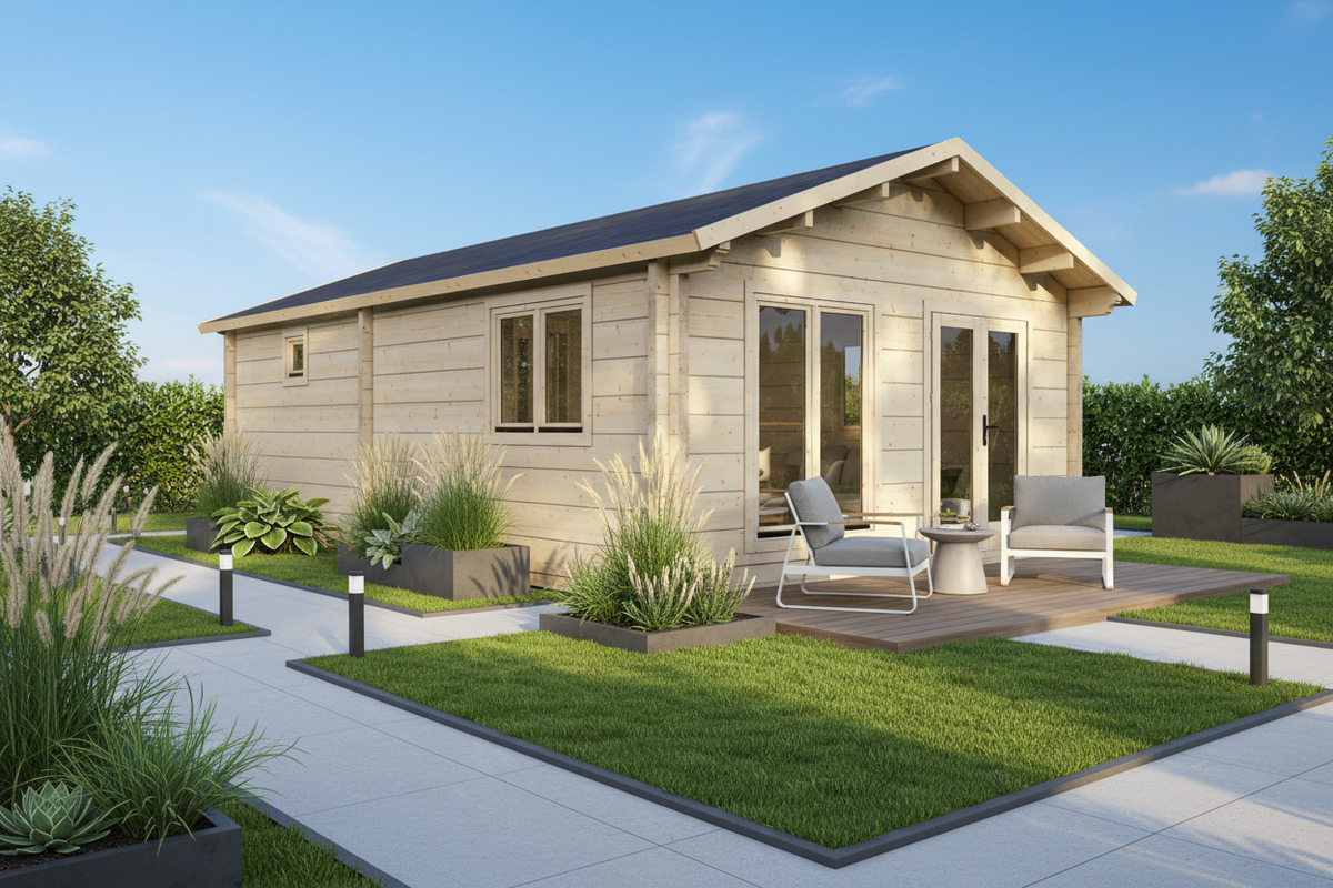 wooden log cabin with 1 bedroom in. amodern garden