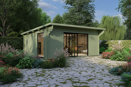 Wooden garden office with large windows in a garden setting