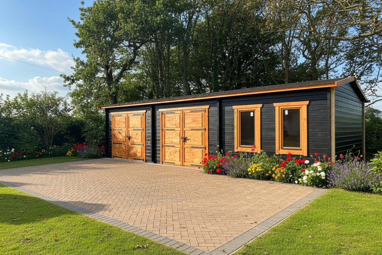 Modern garage garden building with wooden doors and windows, this log cabin garage is surrounded by greenery and flowers.
