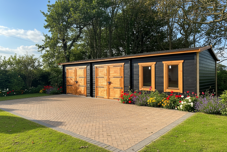 Modern garage garden building with wooden doors and windows, this log cabin garage is surrounded by greenery and flowers.