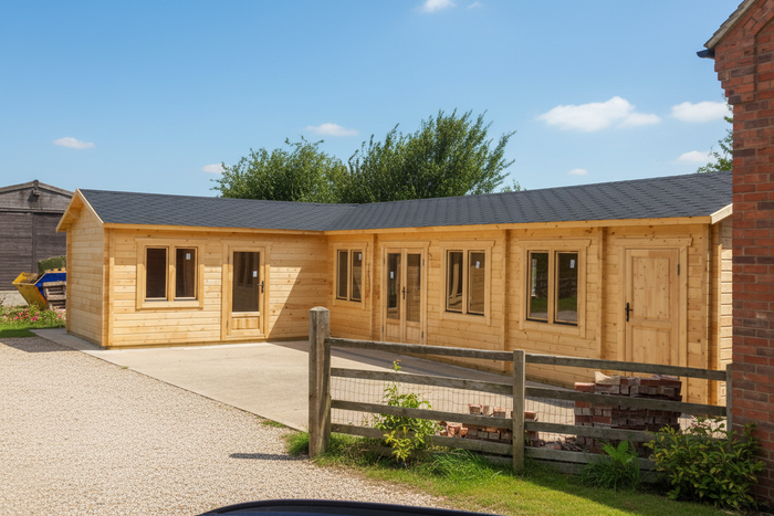 L-shaped timber log cabin with multiple windows and doors, outdoor setting, sunny day