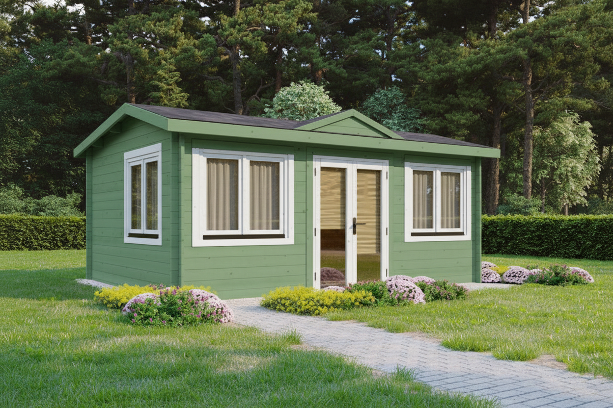 Green garden office with white trim in a park-like setting