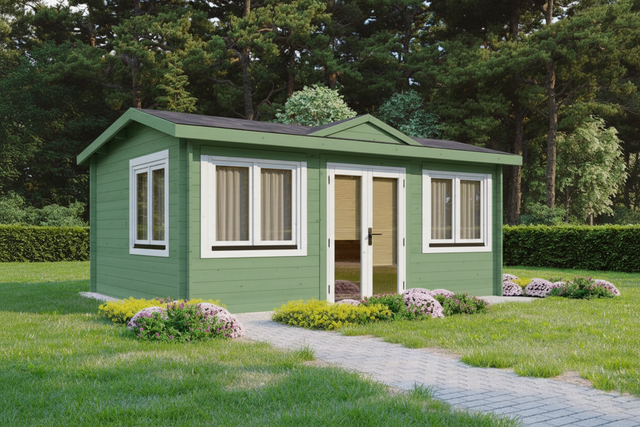 Green garden office with white trim in a park-like setting