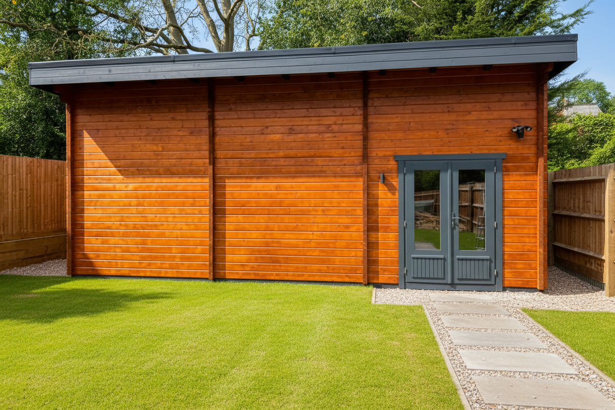 Modern log cabin garden room with wooden cladding, grey double doors, and landscaped lawn