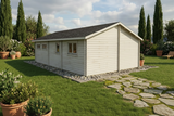 Wooden shed in a garden with trees and plants around