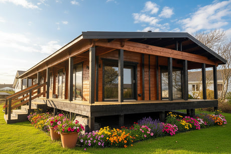 large Wooden log cabin with a deck on a sunny day