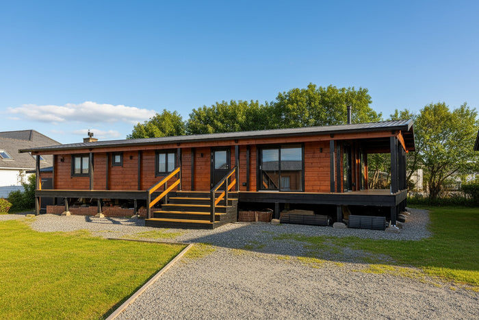 large Wooden cabin lodge with a gravel driveway and grassy area under an sunny sky.
