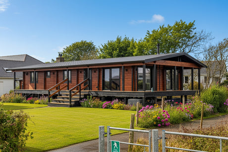 Wooden cabin with a metal gate and pathway leading to it.