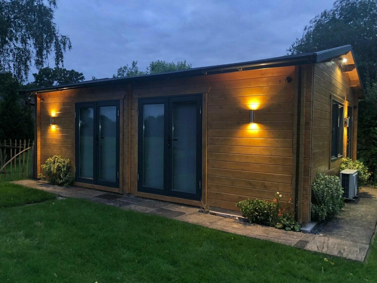 TBS147 Log Cabin | 7.0x5.0m Front Evening