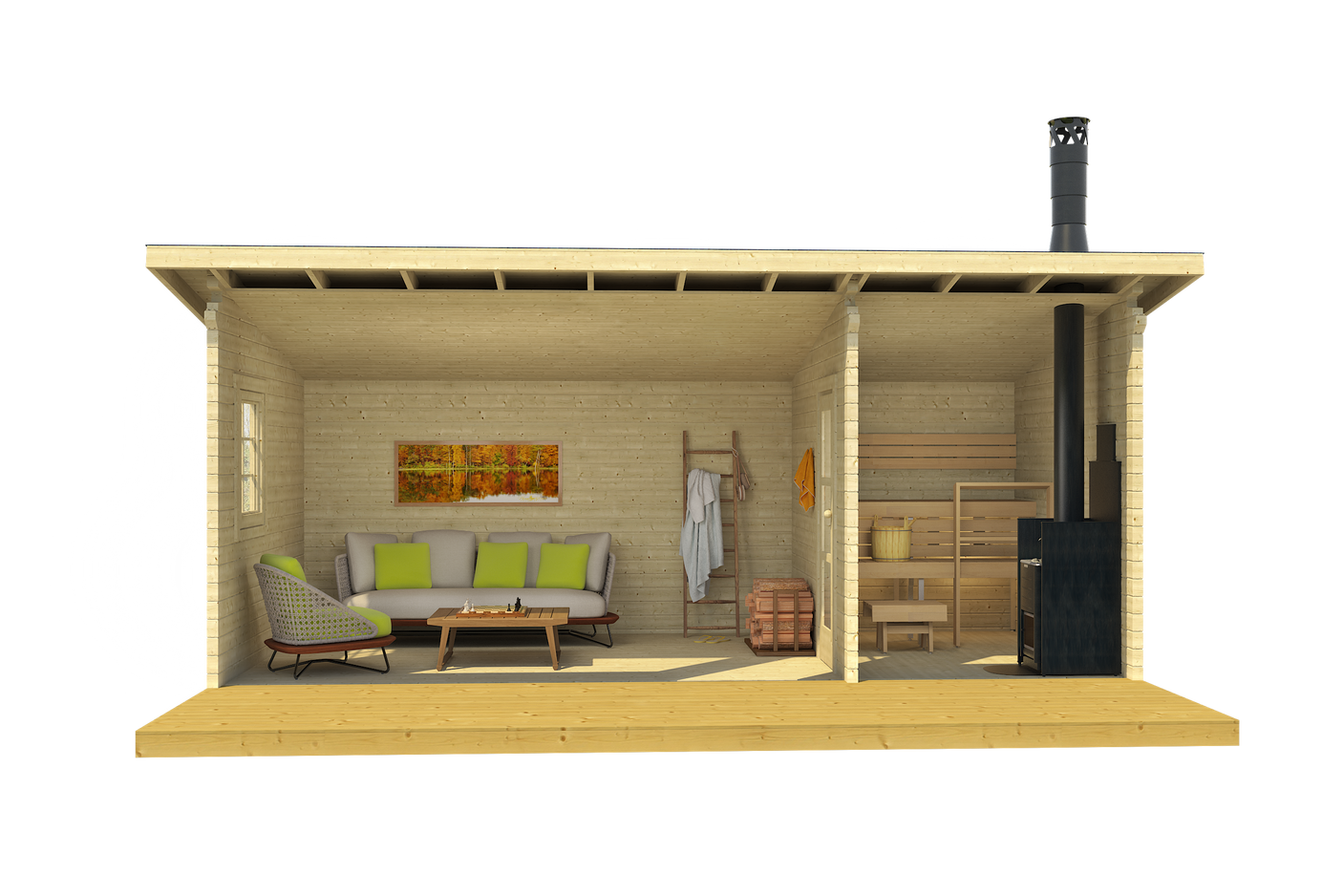 MODERNI PIHASAUNA 26 6.2x2.8m Sauna Log Cabin Front Internal