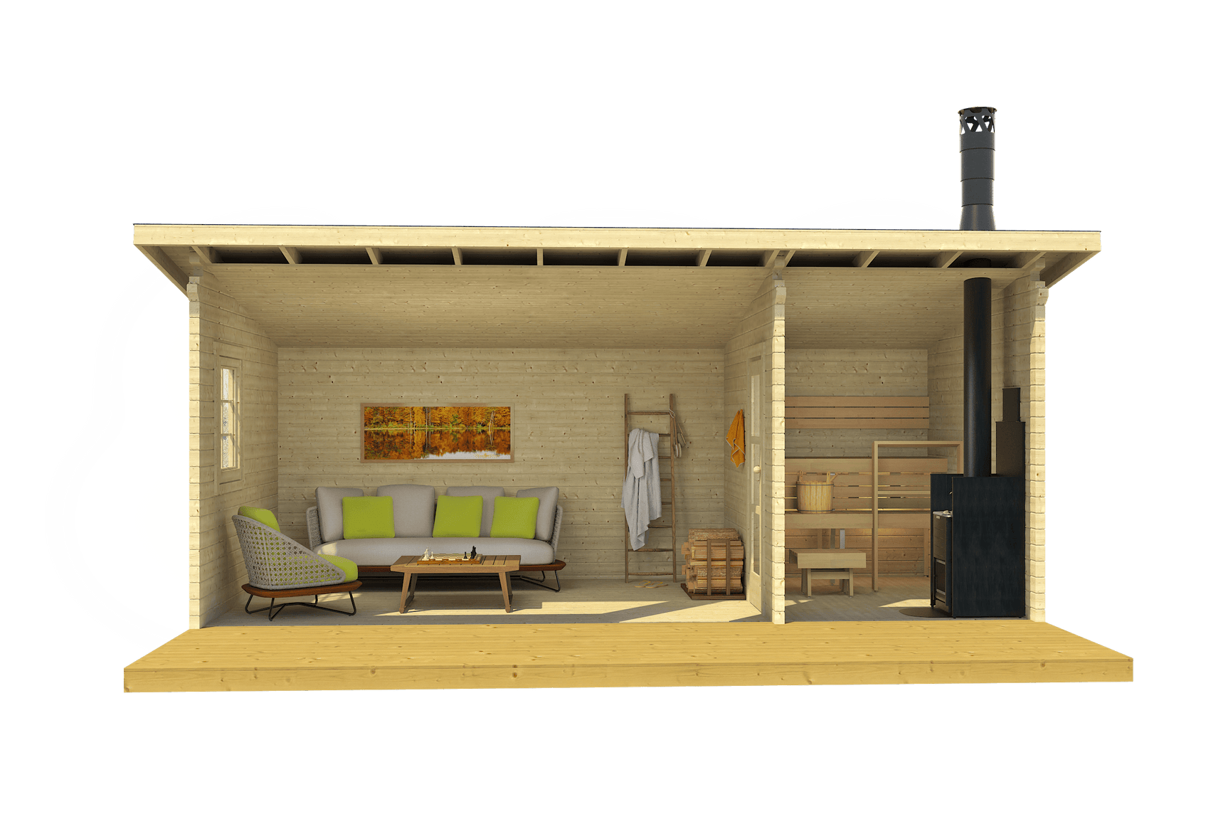 MODERNI PIHASAUNA 26 6.2x2.8m Sauna Log Cabin Front Internal