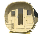 RUKA 2.4x5.7m Barrel Sauna Front