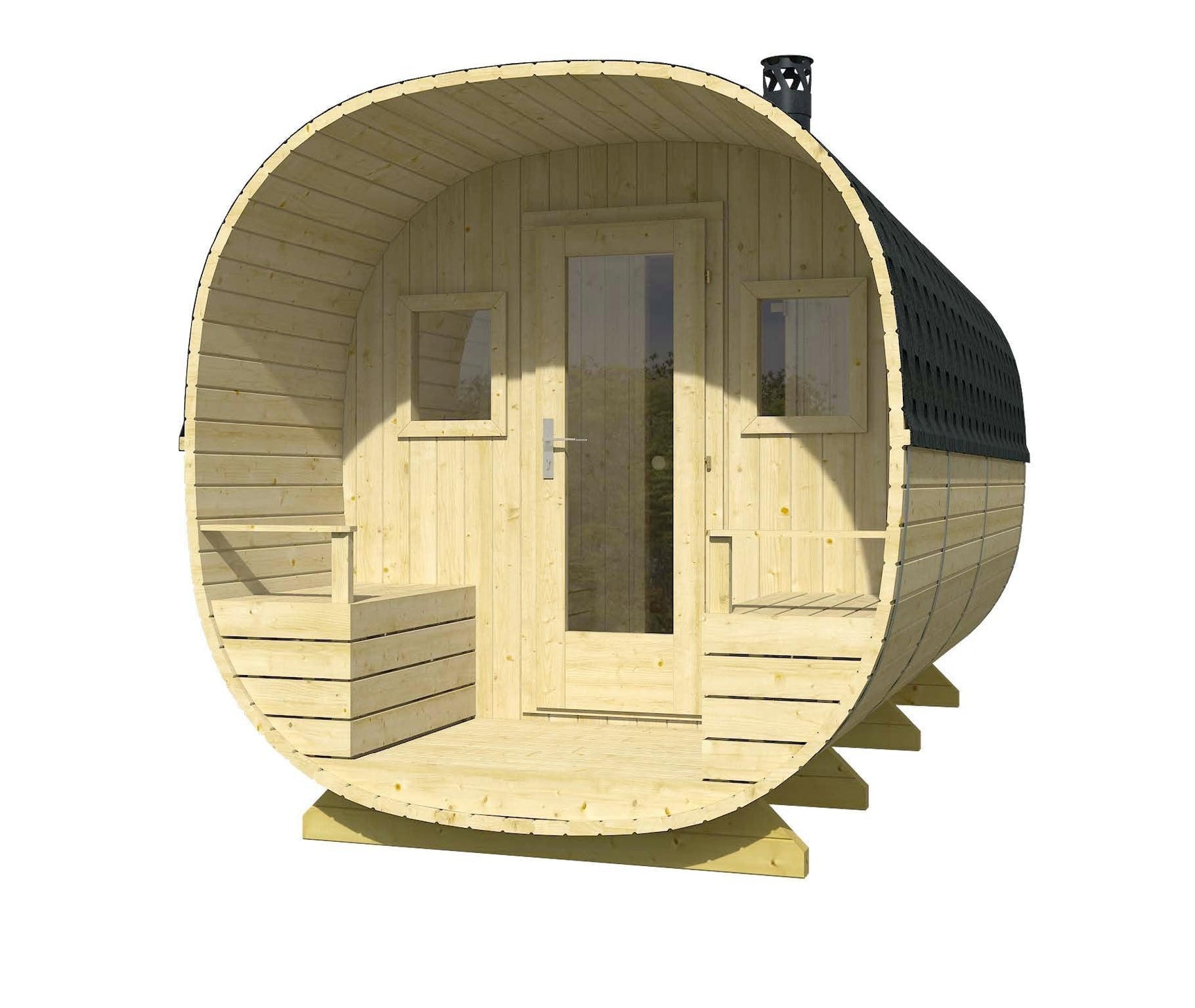 TURKU 2.4x4.5m Barrel Sauna Front